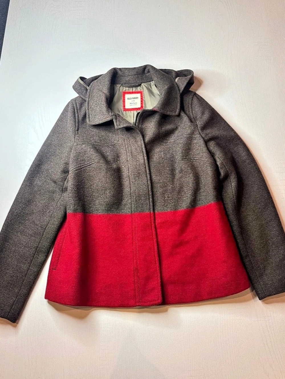 Old Navy Colorblock Wool Blend Hooded Toggle Pea Coat Jacket Brown Red M